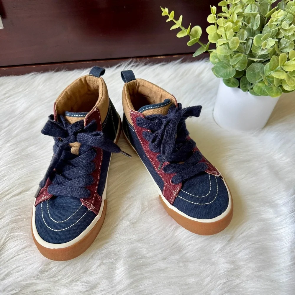 Old Navy Kids Colorblock Canvas High-Top Sneakers Navy Burgundy Tan Size 4‎